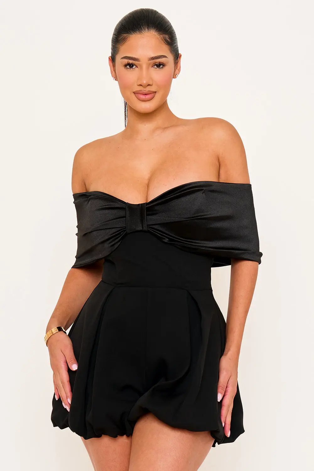 Off Shoulder Romper - Satin Bow Front With Puffy Shorts BOUTINIE
