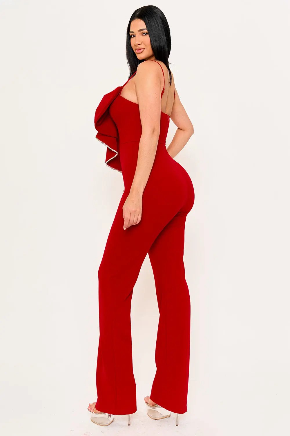 Bow Jumpsuit With Rhinestone Trim - Wide Leg Adjustable Strap BOUTINIE