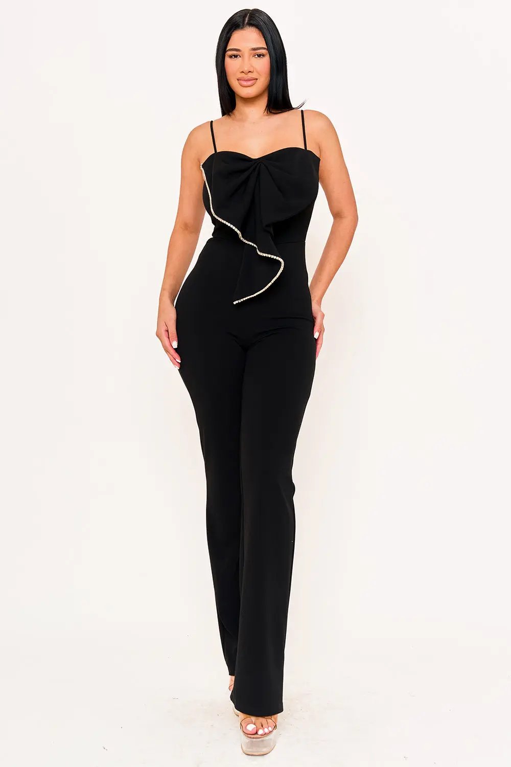 Bow Jumpsuit With Rhinestone Trim - Wide Leg Adjustable Strap BOUTINIE