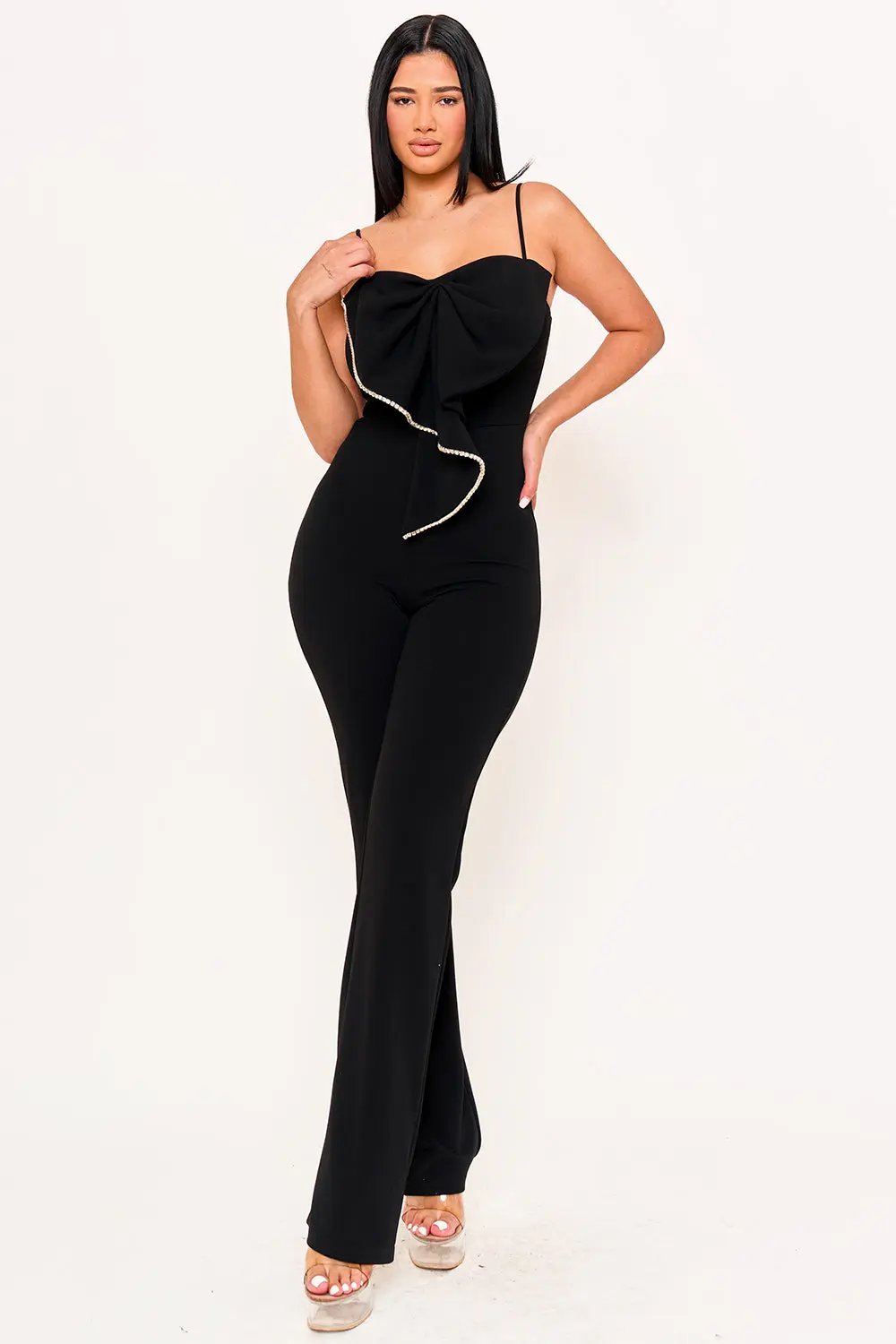 Bow Jumpsuit With Rhinestone Trim - Wide Leg Adjustable Strap BOUTINIE