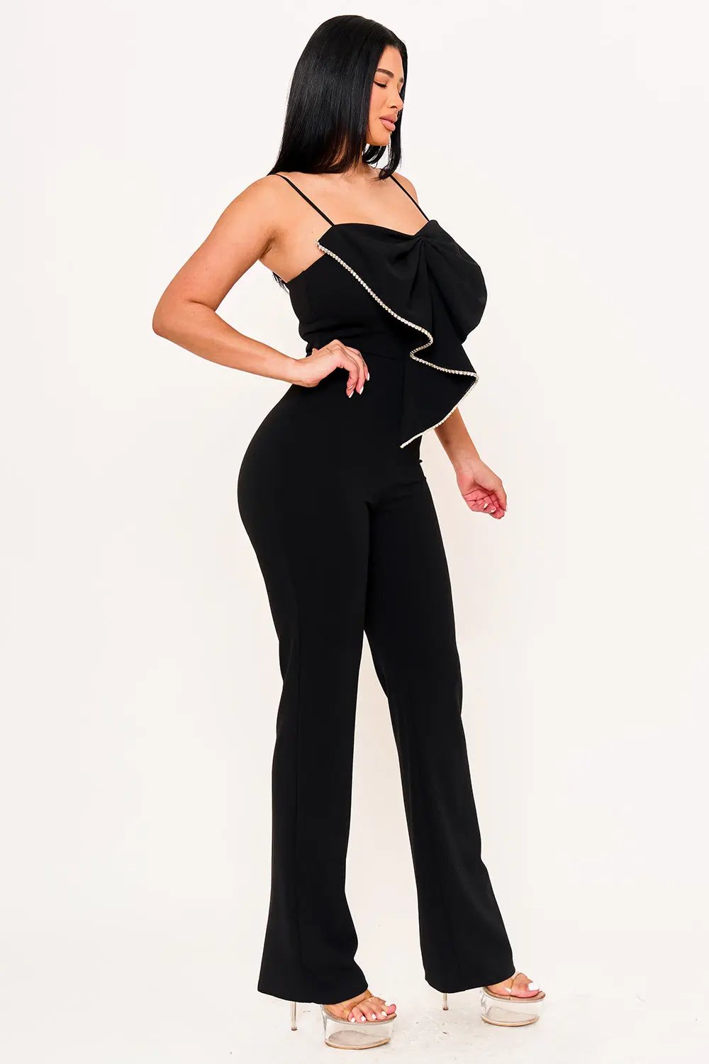 Bow Jumpsuit With Rhinestone Trim - Wide Leg Adjustable Strap BOUTINIE