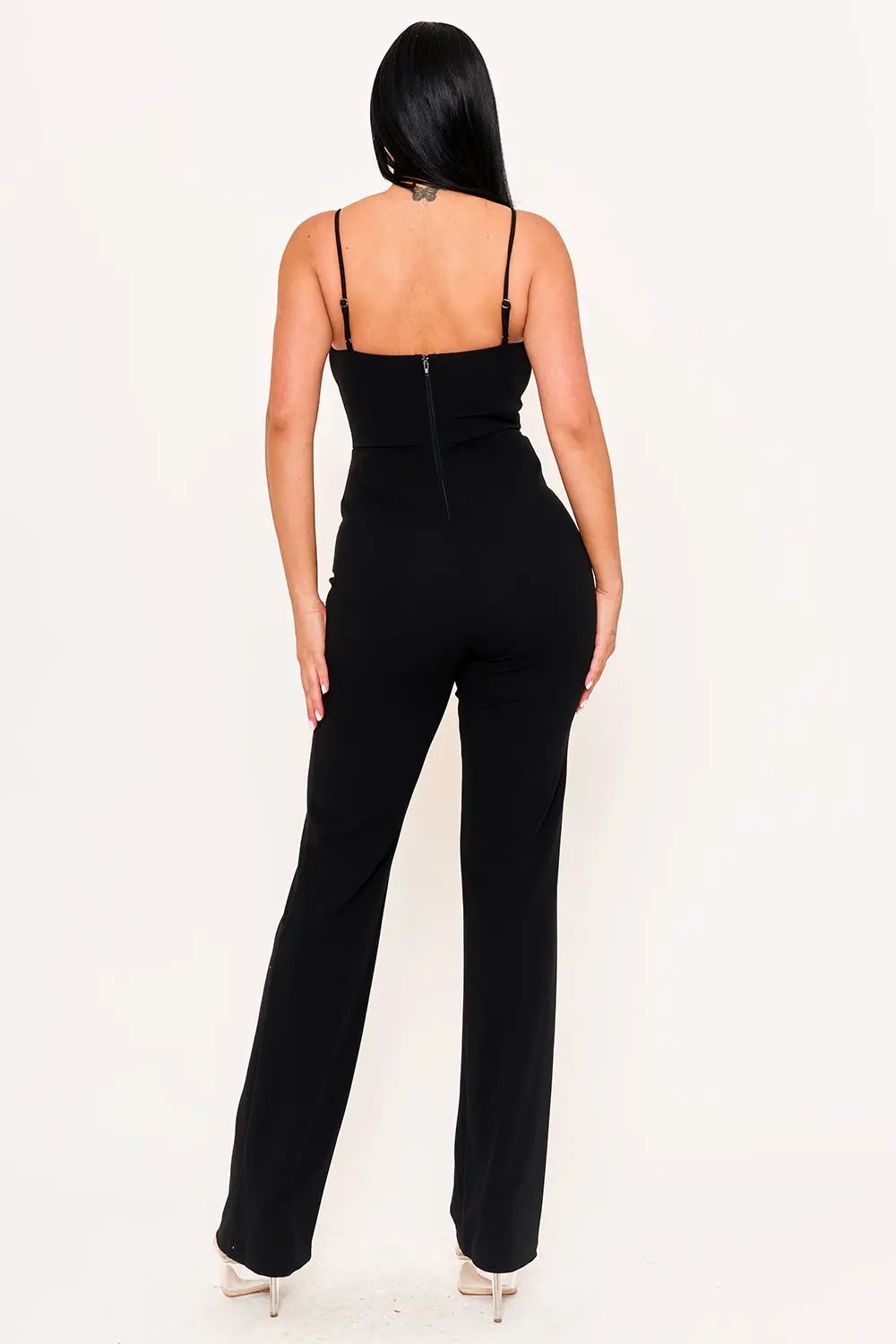 Bow Jumpsuit With Rhinestone Trim - Wide Leg Adjustable Strap BOUTINIE