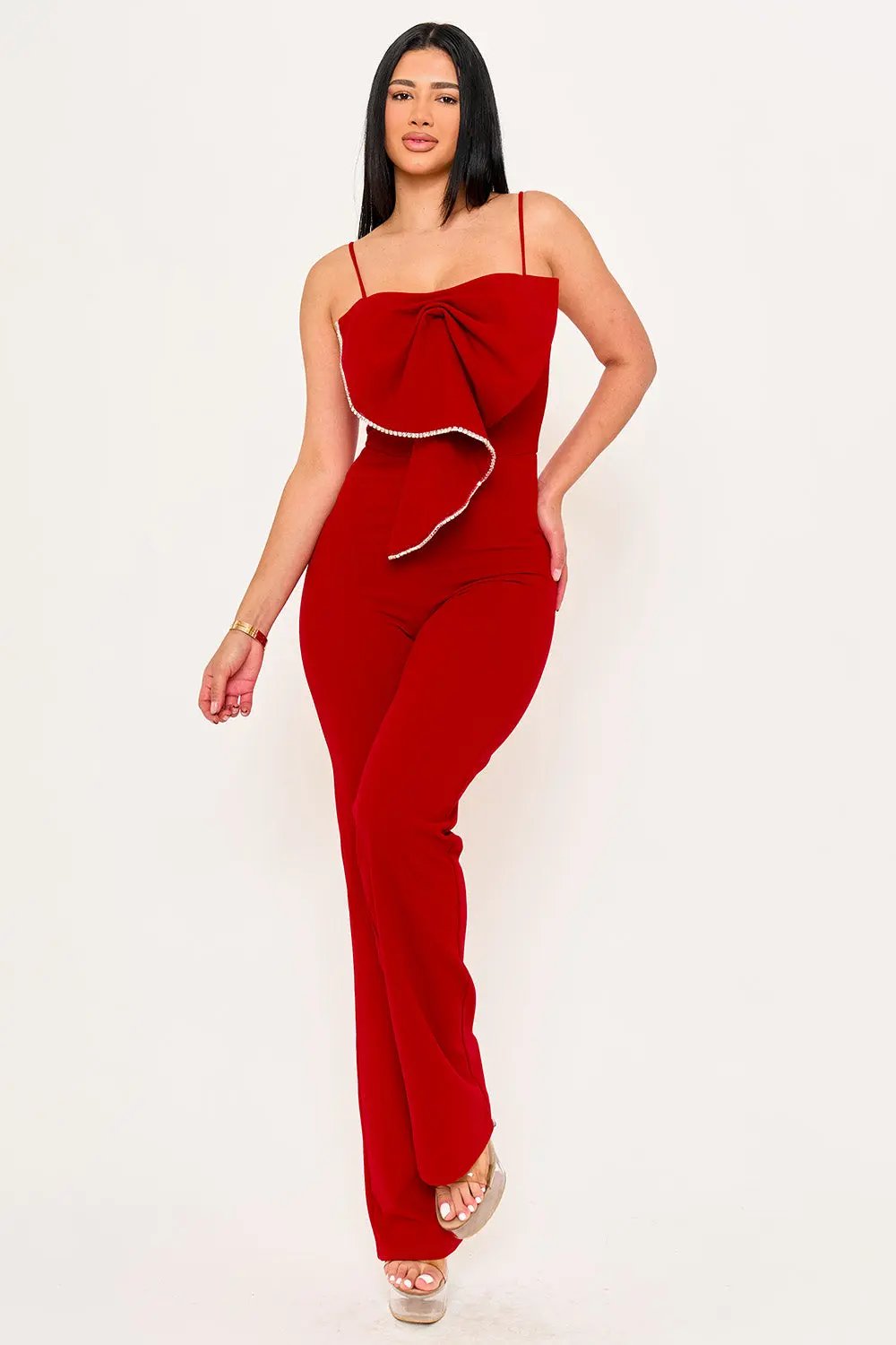 Bow Jumpsuit With Rhinestone Trim - Wide Leg Adjustable Strap BOUTINIE