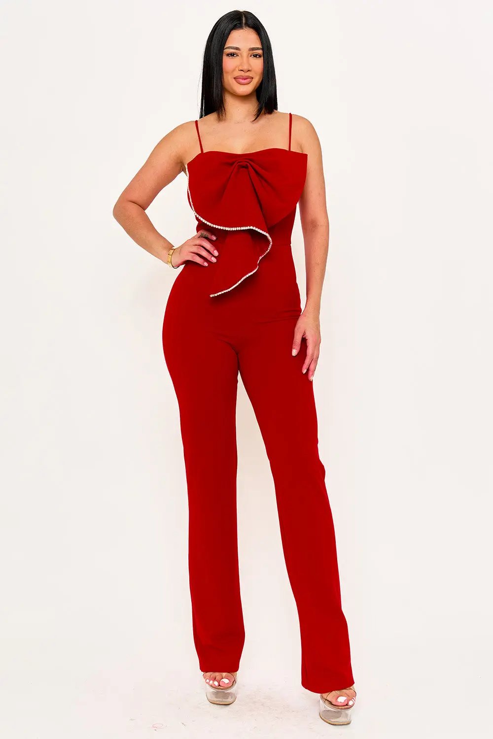 Bow Jumpsuit With Rhinestone Trim - Wide Leg Adjustable Strap BOUTINIE