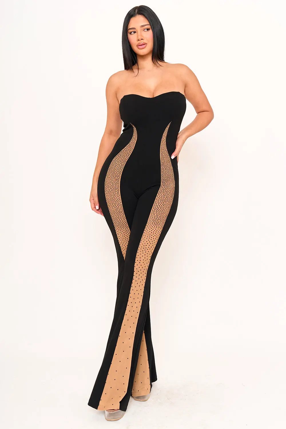 Mesh Panel Jumpsuit – Rhinestone Embellished Bell Bottom Style BOUTINIE