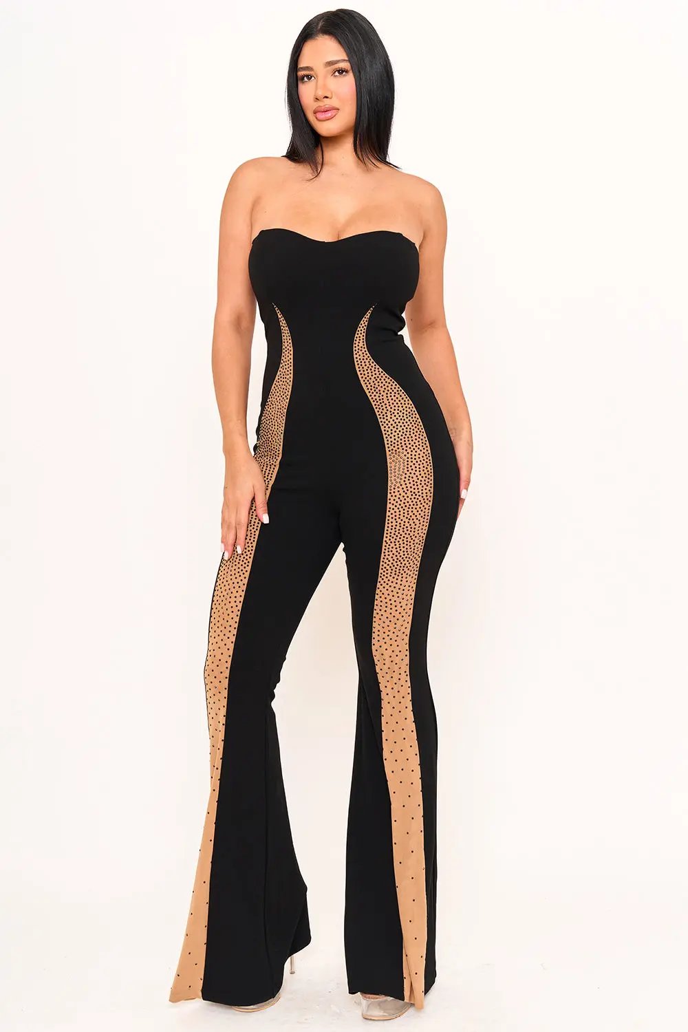 Mesh Panel Jumpsuit – Rhinestone Embellished Bell Bottom Style BOUTINIE