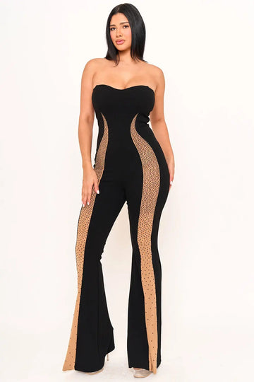 Mesh Panel Jumpsuit – Rhinestone Embellished Bell Bottom Style BOUTINIE