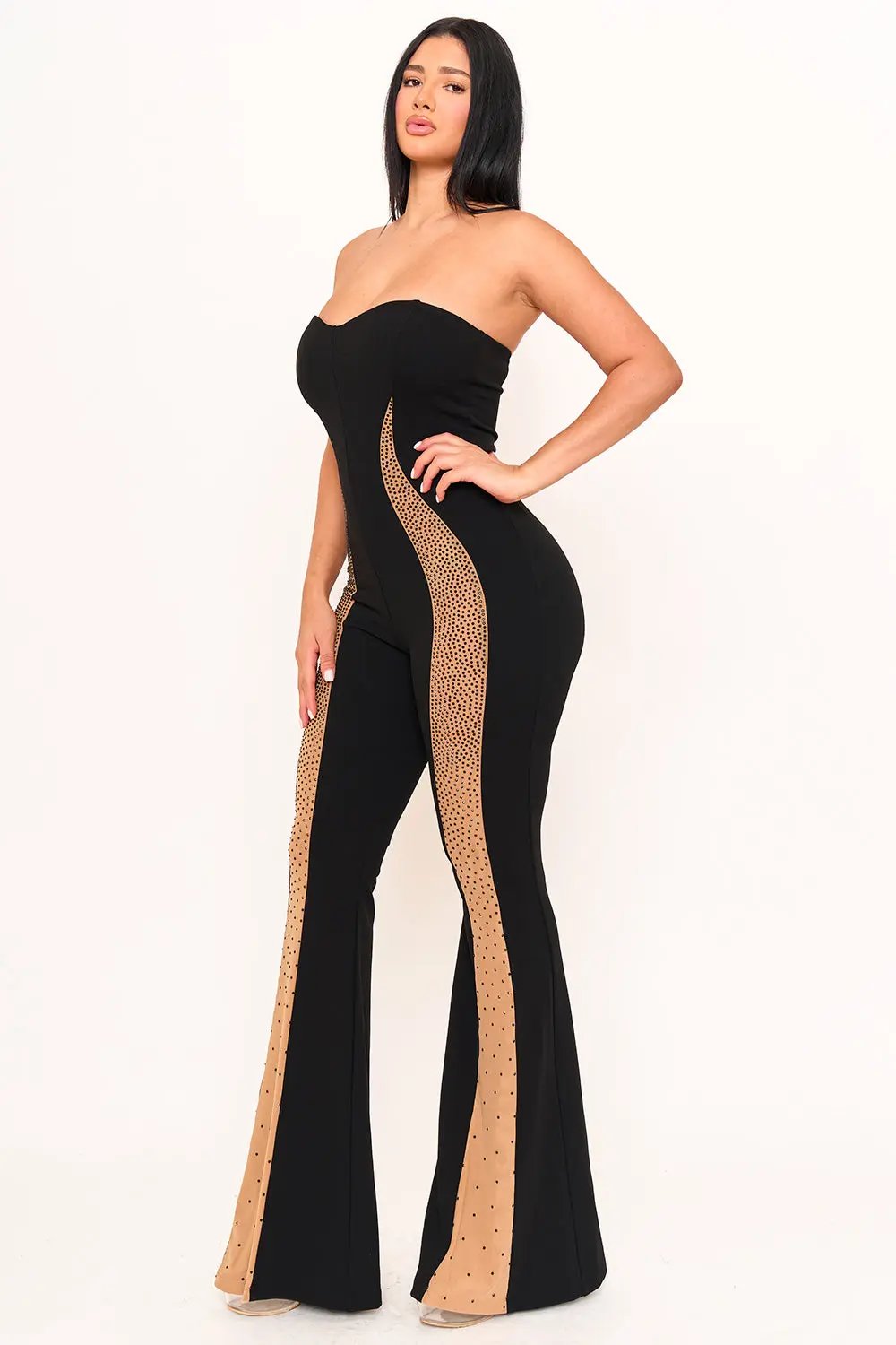 Mesh Panel Jumpsuit – Rhinestone Embellished Bell Bottom Style BOUTINIE