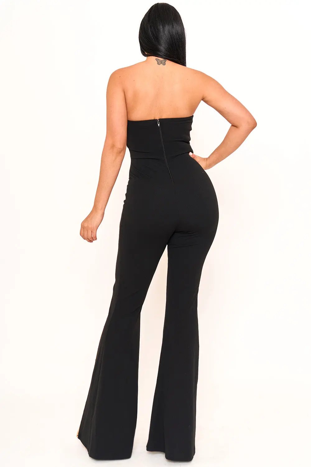 Mesh Panel Jumpsuit – Rhinestone Embellished Bell Bottom Style BOUTINIE