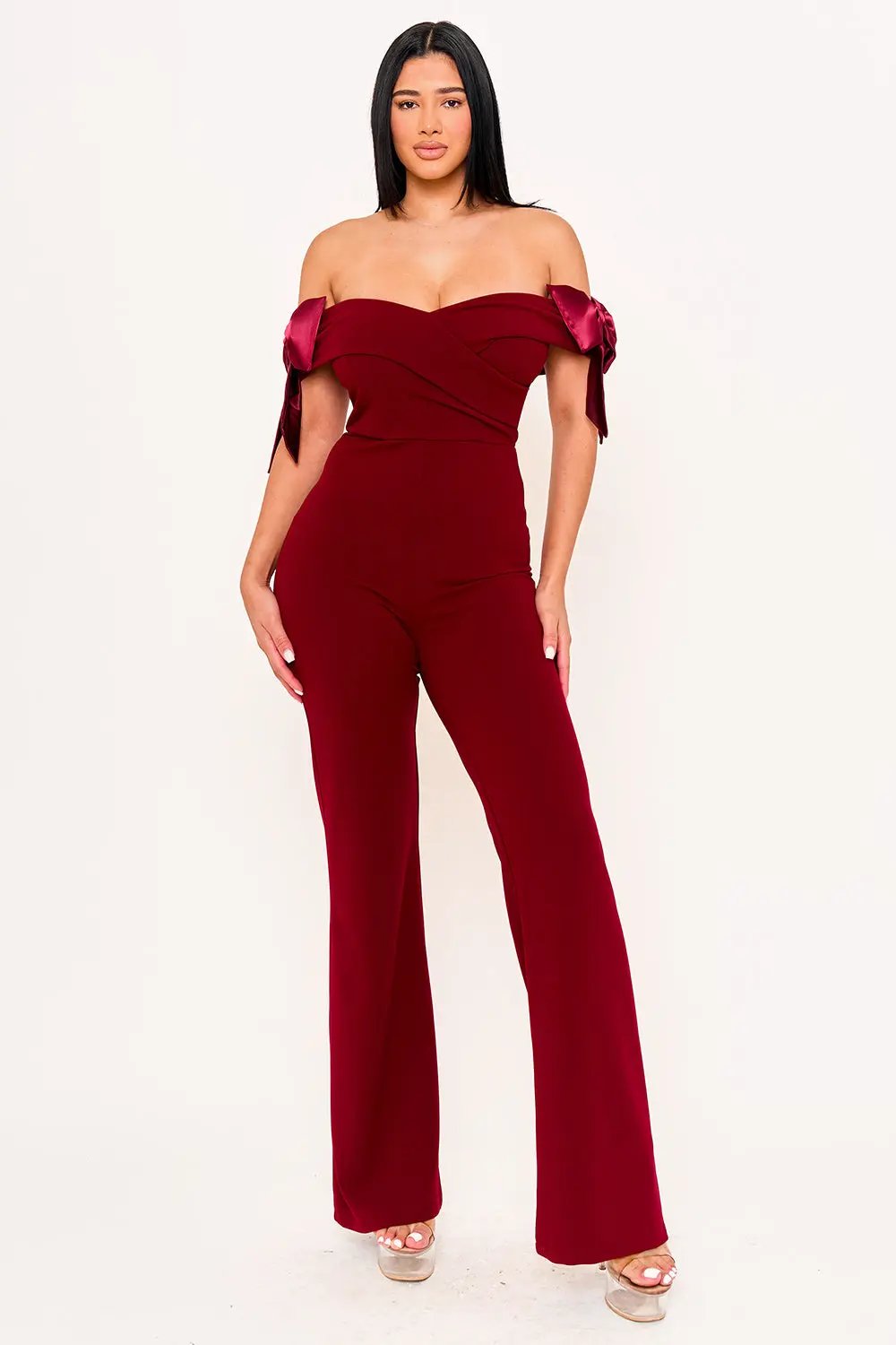 Off Shoulder Jumpsuit - Wide Leg Bow Detail Pleated Front BOUTINIE