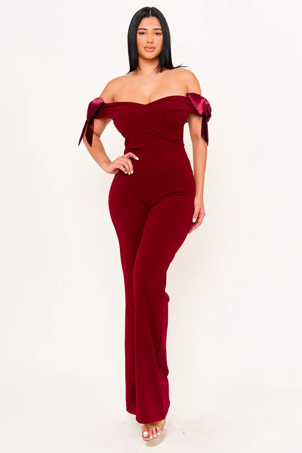 Off Shoulder Jumpsuit - Wide Leg Bow Detail Pleated Front BOUTINIE