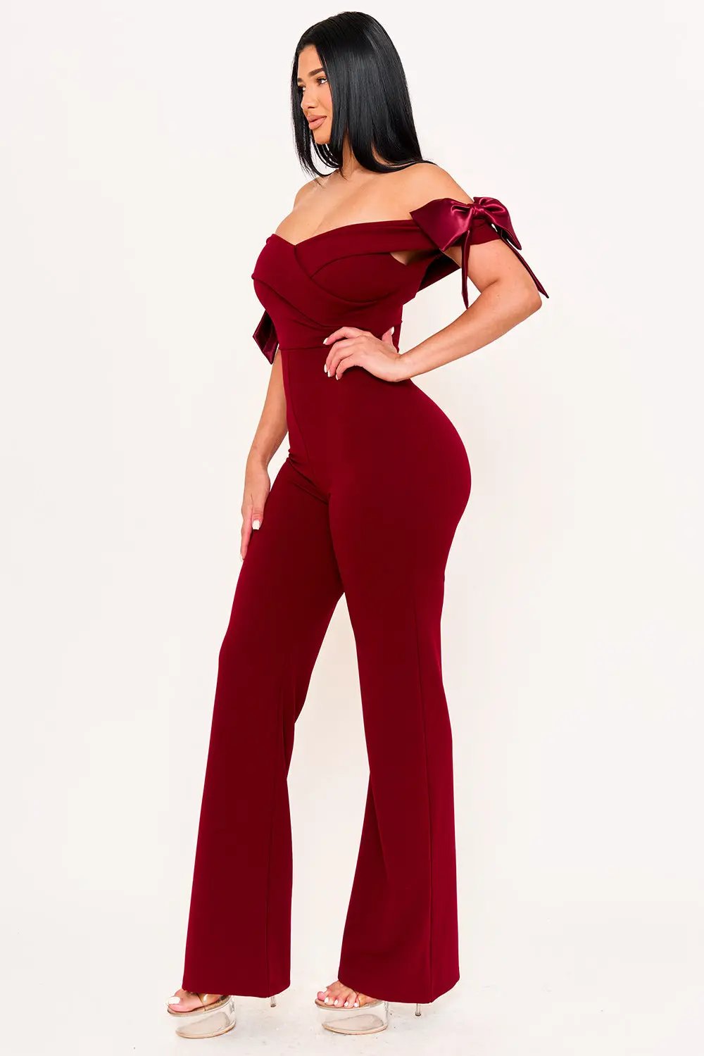 Off Shoulder Jumpsuit - Wide Leg Bow Detail Pleated Front BOUTINIE