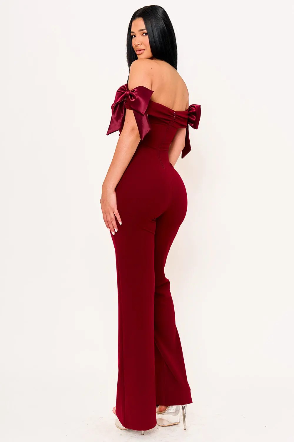 Off Shoulder Jumpsuit - Wide Leg Bow Detail Pleated Front BOUTINIE
