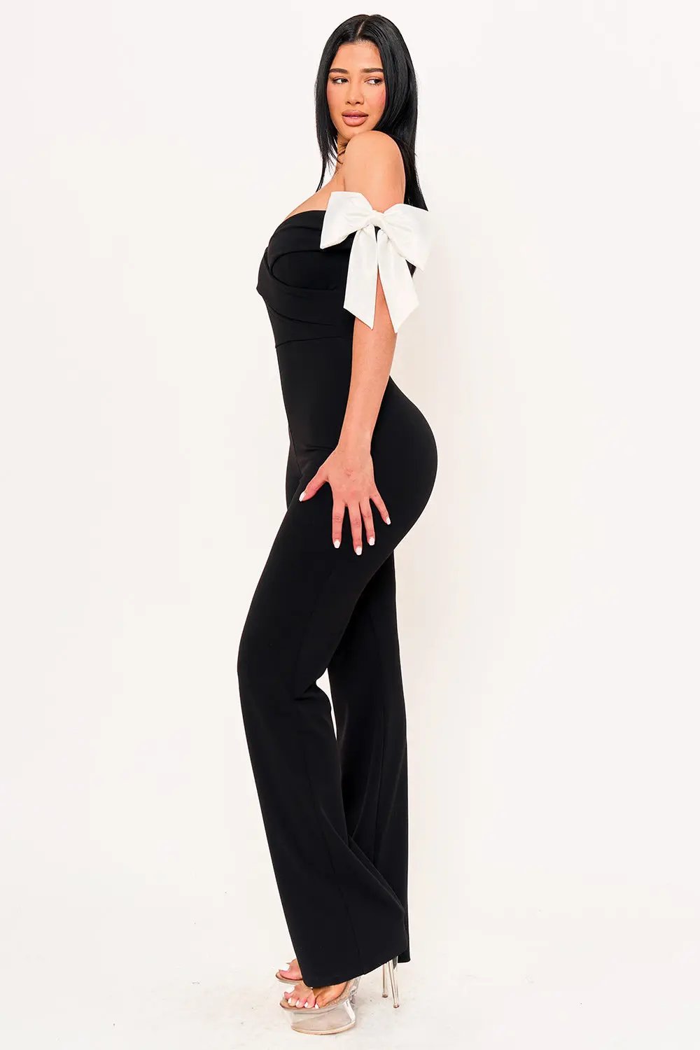 Off Shoulder Jumpsuit - Wide Leg Bow Detail Pleated Front BOUTINIE