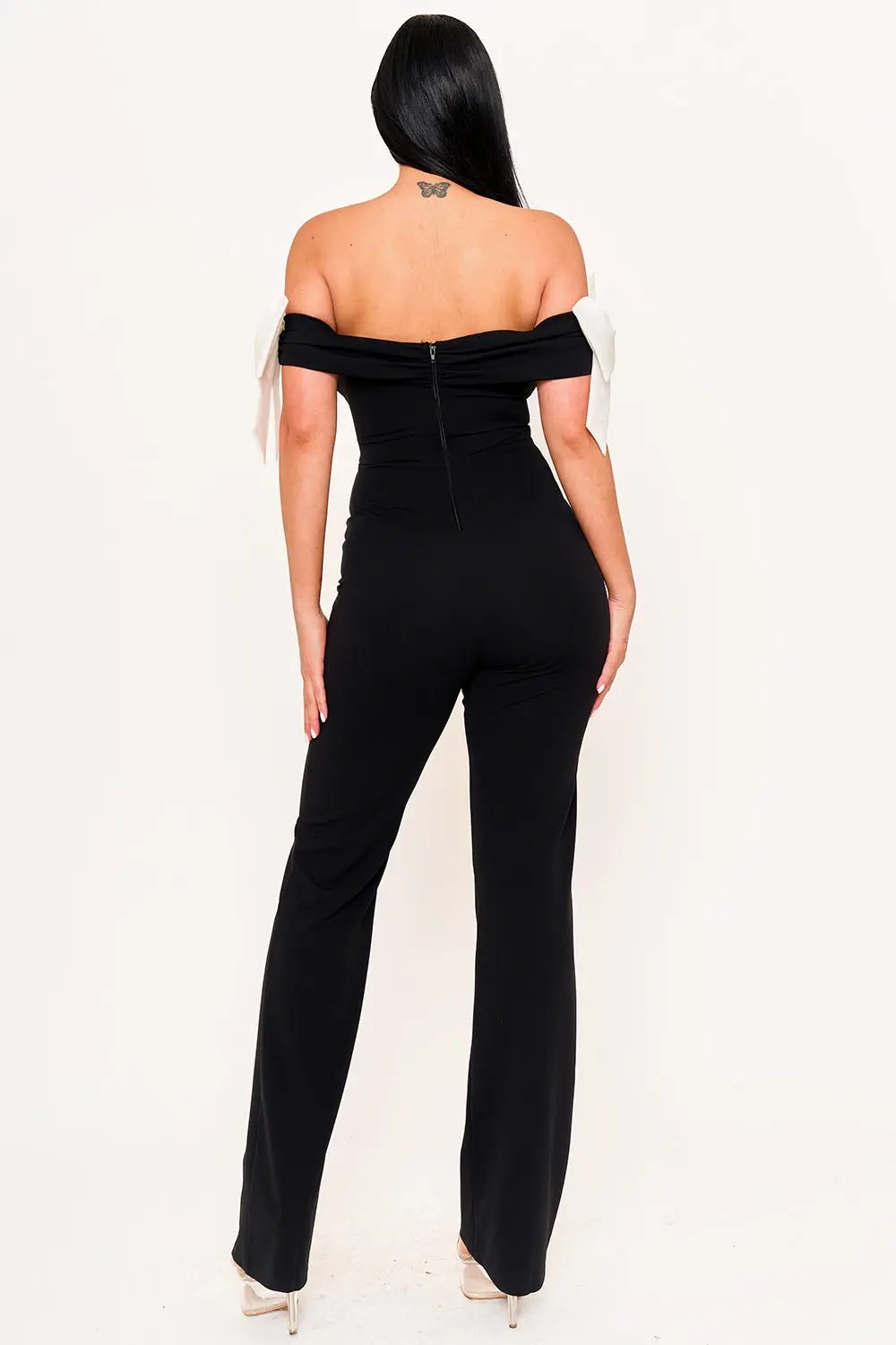 Off Shoulder Jumpsuit - Wide Leg Bow Detail Pleated Front BOUTINIE