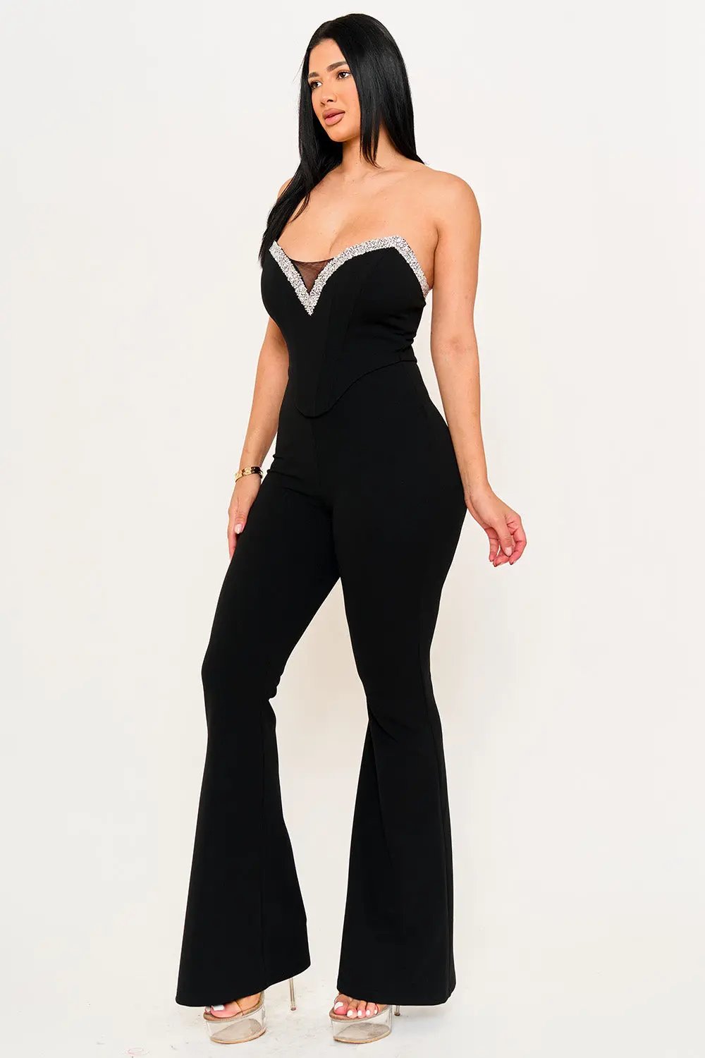 Sequin Tape Jumpsuit With Bustier Wire Top & Mesh Detail BOUTINIE
