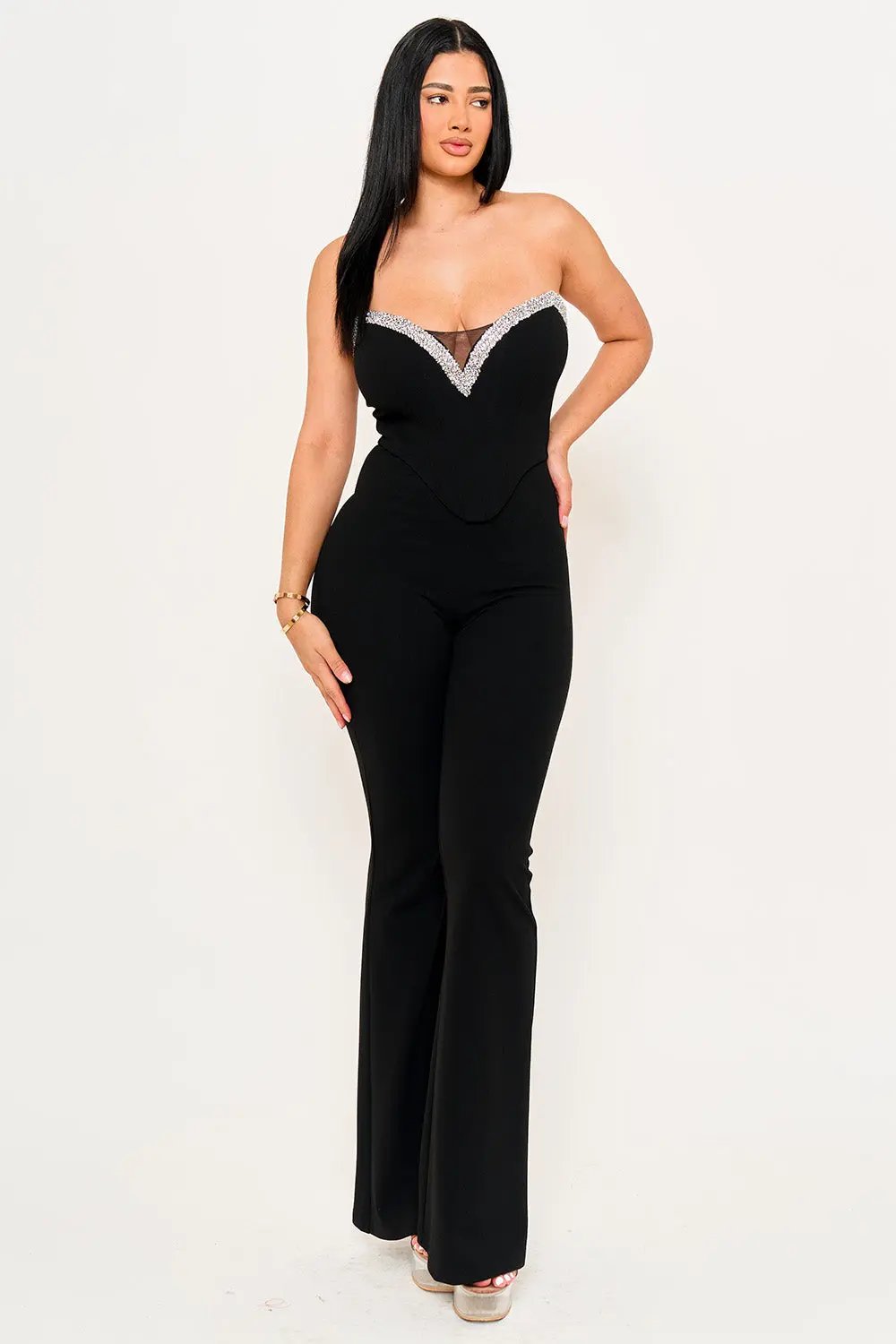 Sequin Tape Jumpsuit With Bustier Wire Top & Mesh Detail BOUTINIE
