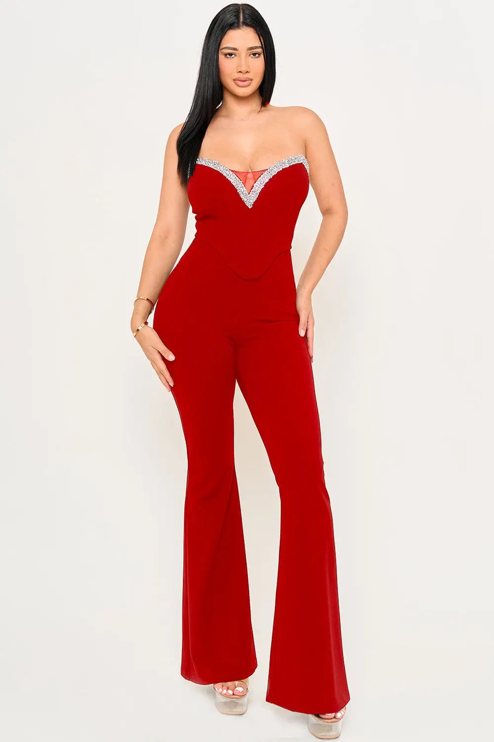 Sequin Tape Jumpsuit With Bustier Wire Top & Mesh Detail BOUTINIE