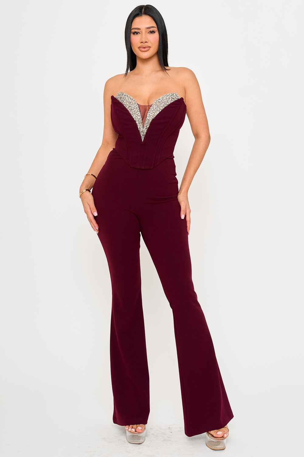 [open Packs] Multi Rhinestone Trim V-neck Corset Jumpsuit