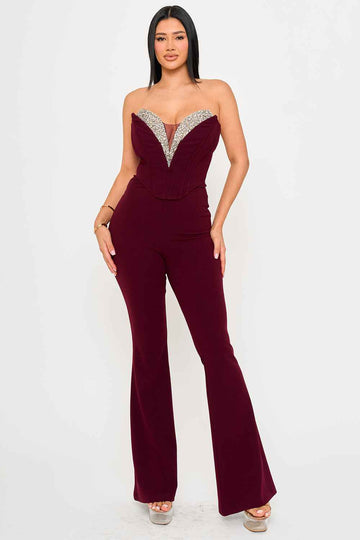 Rhinestone Corset V-Neck Jumpsuit – Maroon | Boutinie