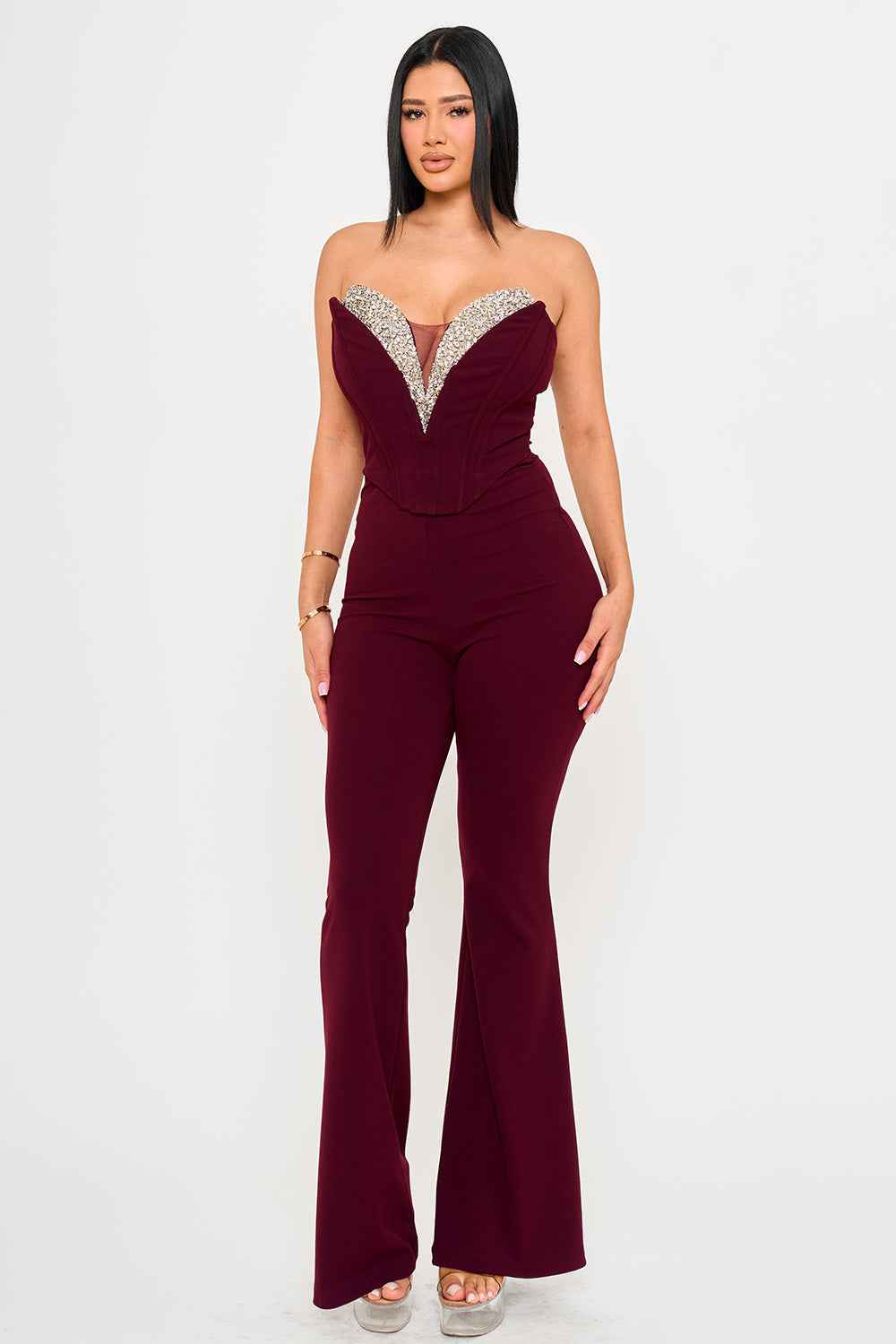[open Packs] Multi Rhinestone Trim V-neck Corset Jumpsuit