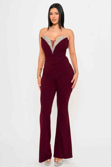 [open Packs] Multi Rhinestone Trim V-neck Corset Jumpsuit