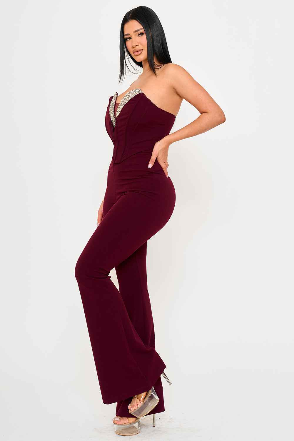 [open Packs] Multi Rhinestone Trim V-neck Corset Jumpsuit