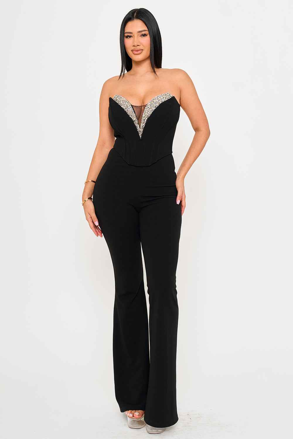 [open Packs] Multi Rhinestone Trim V-neck Corset Jumpsuit