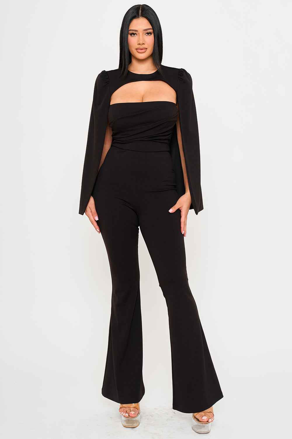 Pleated Bust Cape Sleeve Jumpsuit – Black | Boutinie