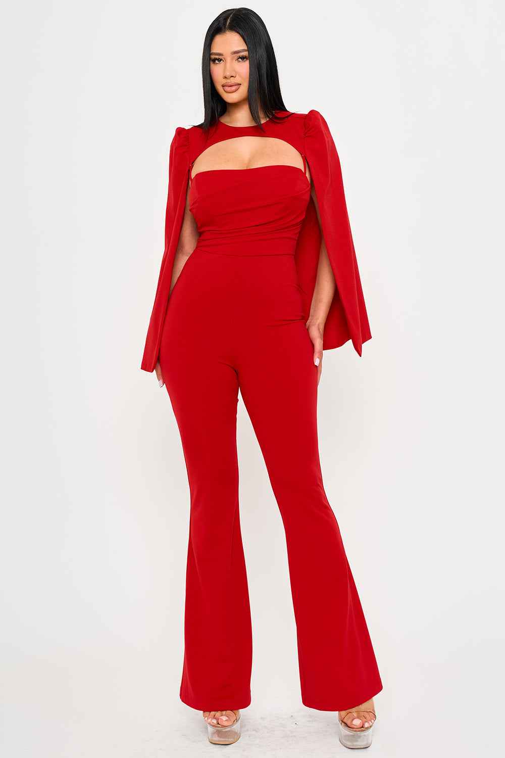 Pleated Bust Attached Long Sleeve Cape Jumpsuit