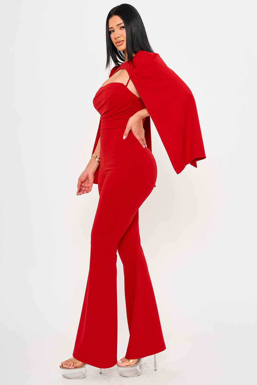 Pleated Bust Attached Long Sleeve Cape Jumpsuit