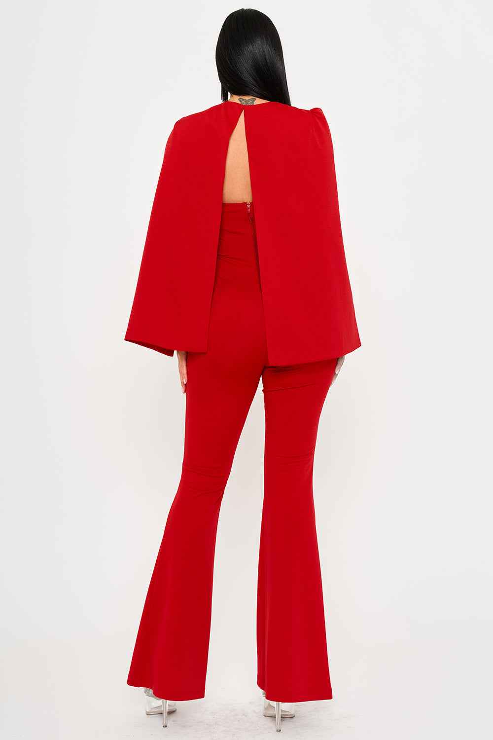 Pleated Bust Attached Long Sleeve Cape Jumpsuit