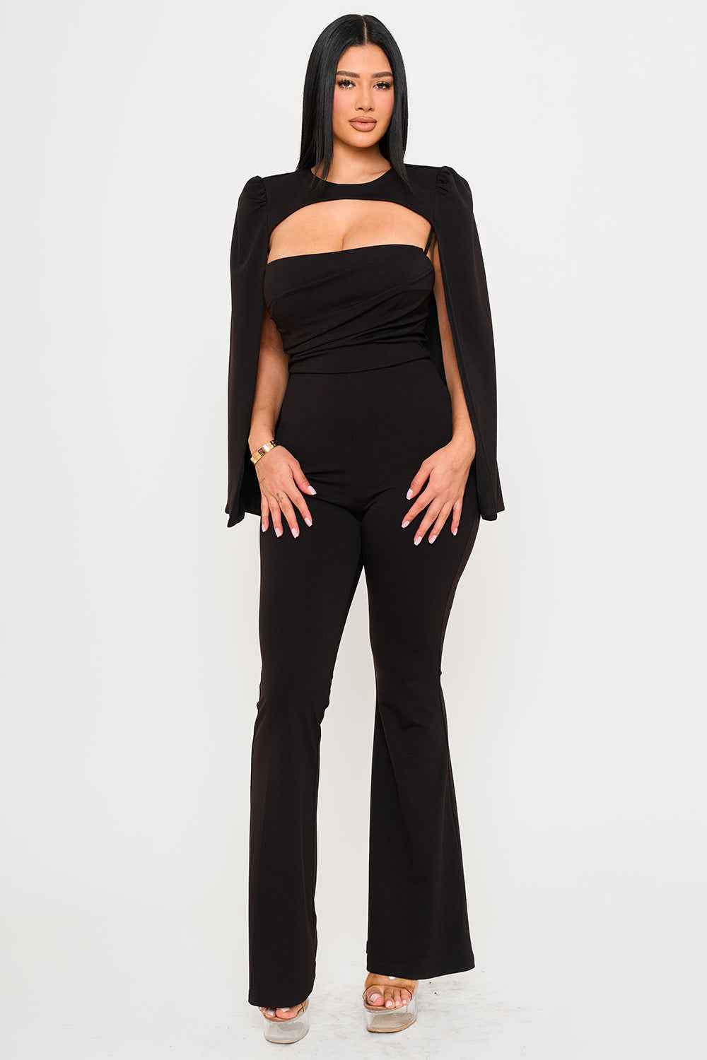 Pleated Bust Attached Long Sleeve Cape Jumpsuit