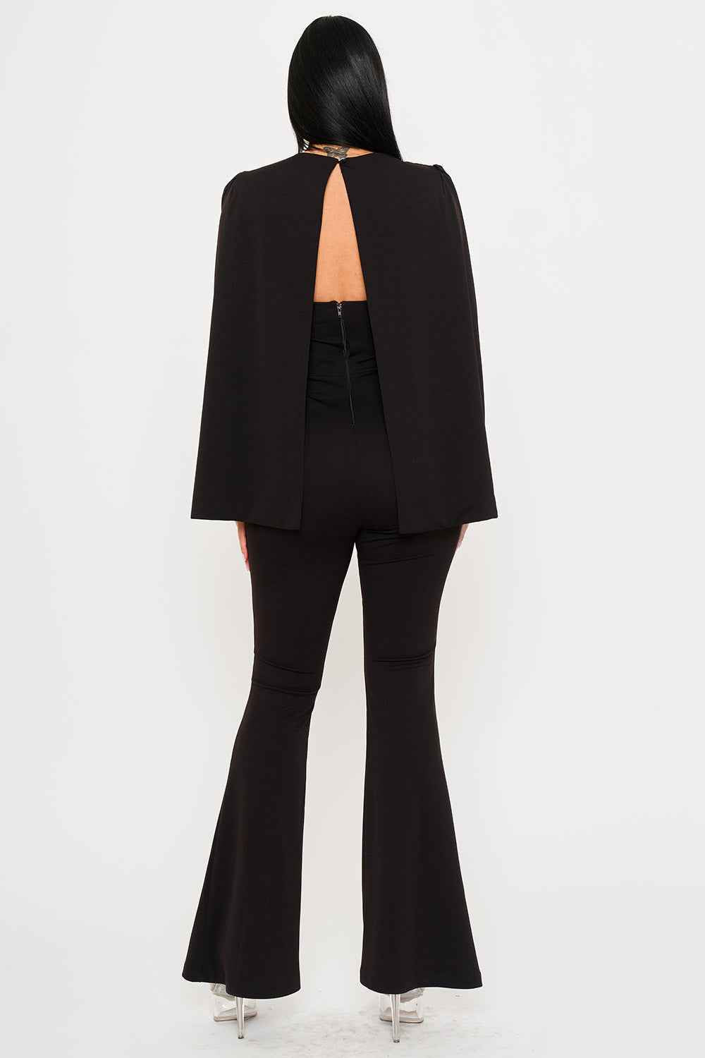Pleated Bust Attached Long Sleeve Cape Jumpsuit