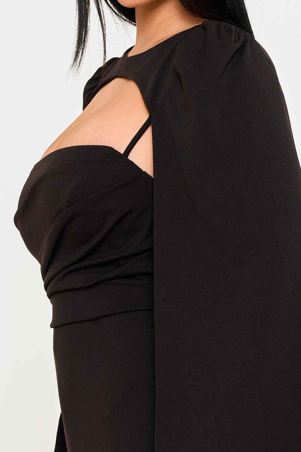 Pleated Bust Attached Long Sleeve Cape Jumpsuit