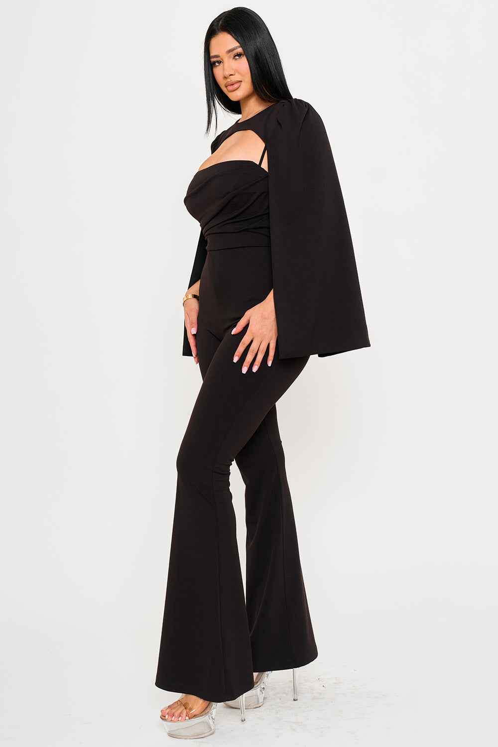 Pleated Bust Attached Long Sleeve Cape Jumpsuit