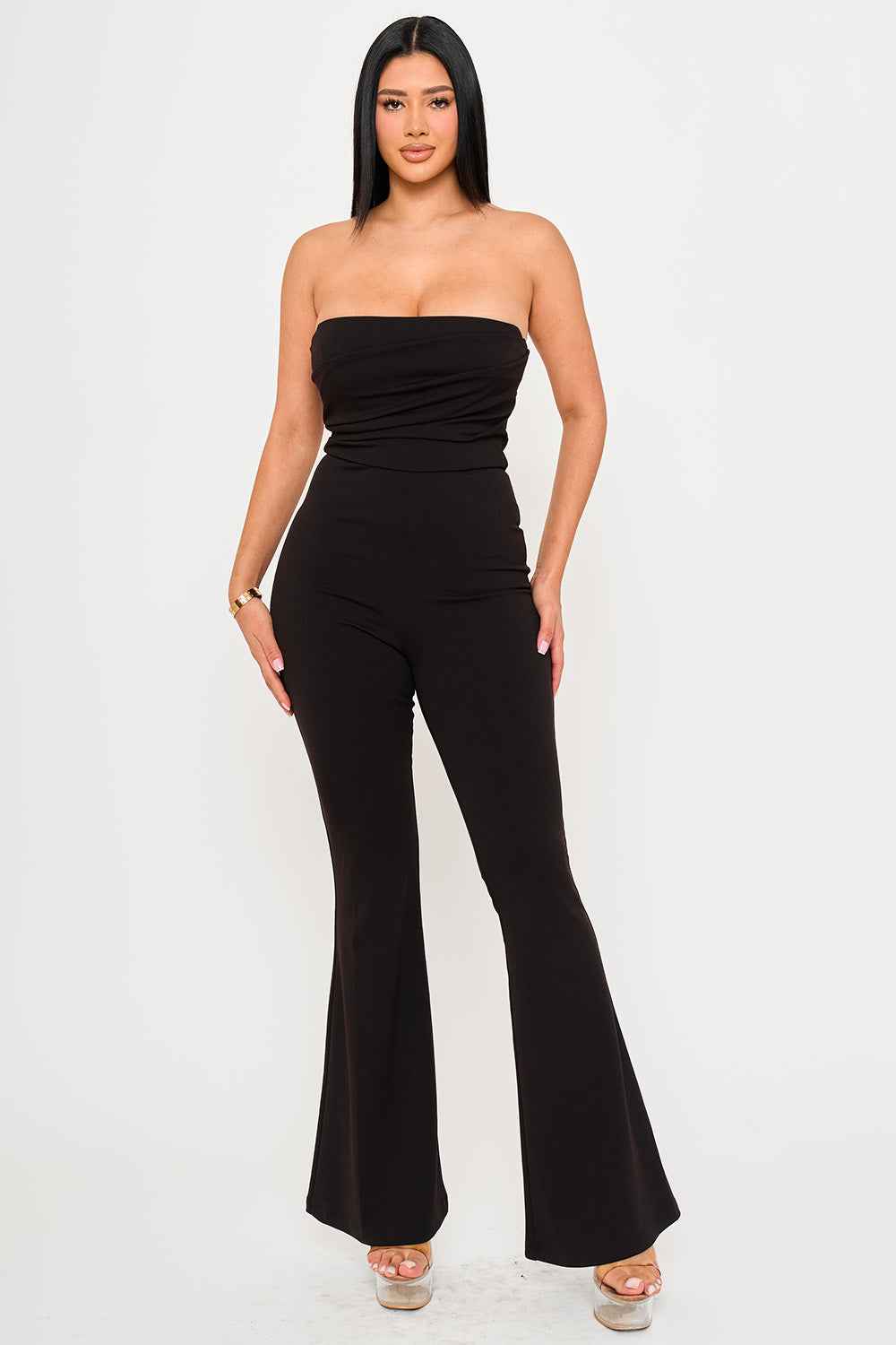 Pleated Bust Attached Long Sleeve Cape Jumpsuit