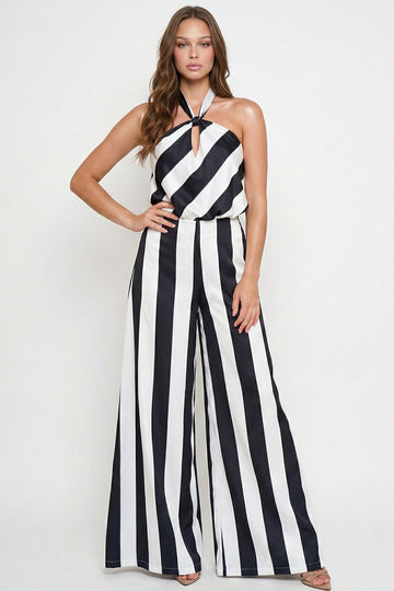 Boutinie black and white striped halter-neck wide-leg jumpsuit for a chic evening look.
