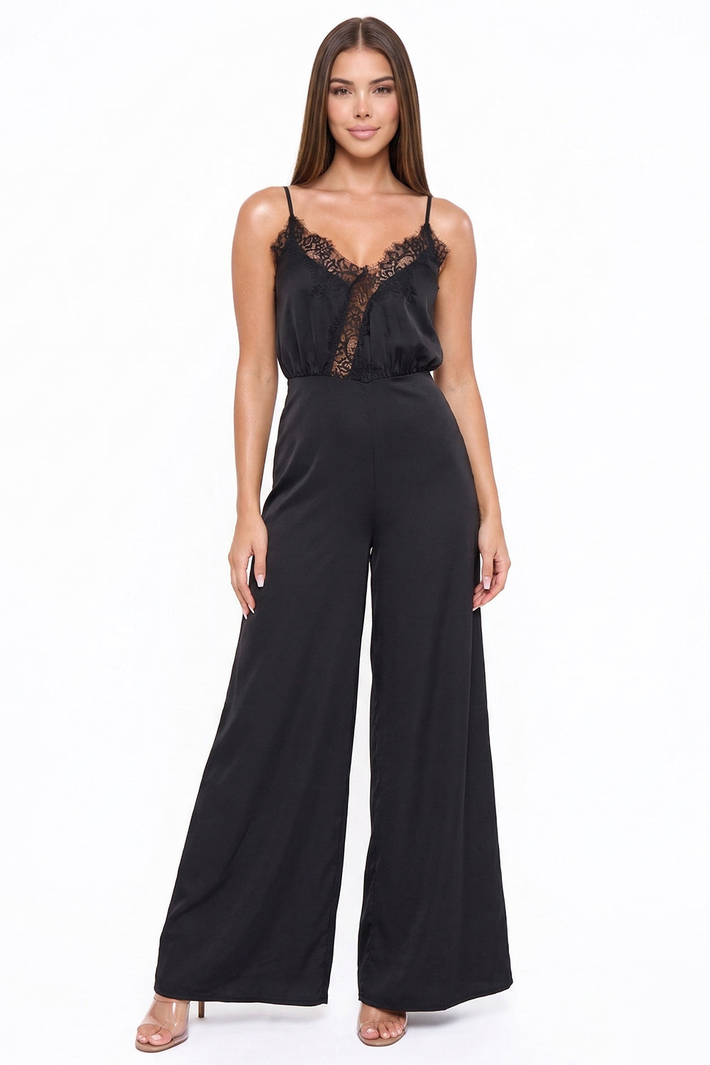 Boutinie black satin evening jumpsuit with lace trim, spaghetti straps, and elegant wide-leg silhouette.