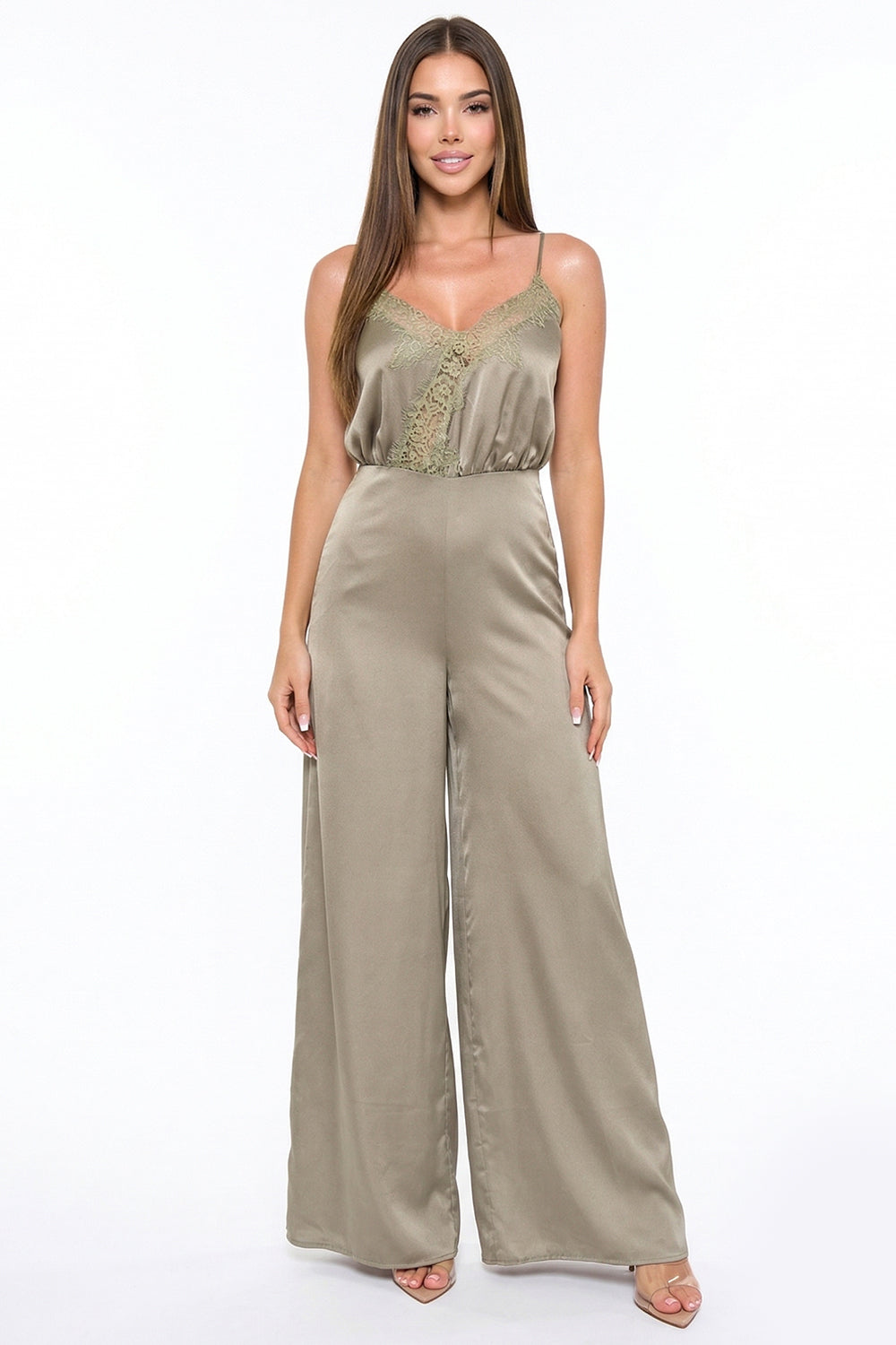 Olive satin jumpsuit with lace neckline and spaghetti straps, perfect for evening wear from Boutinie.