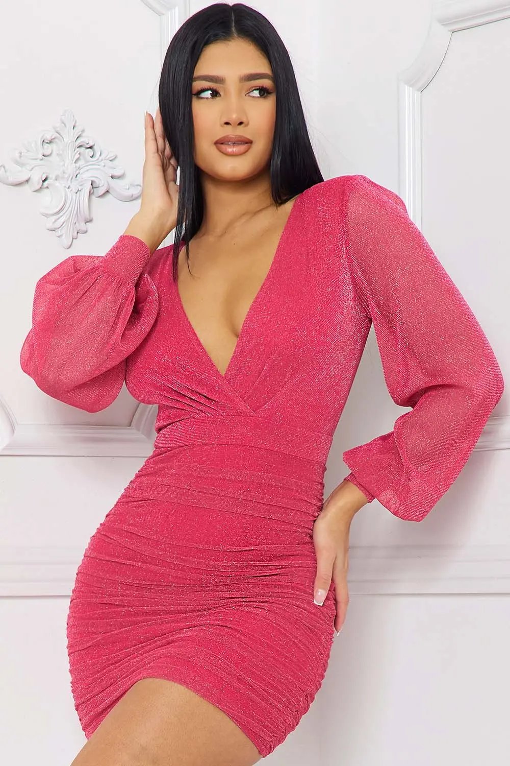 Shimmer Mesh Mini Dress | Long Sleeve, Shoulder Pad Detail BOUTINIE