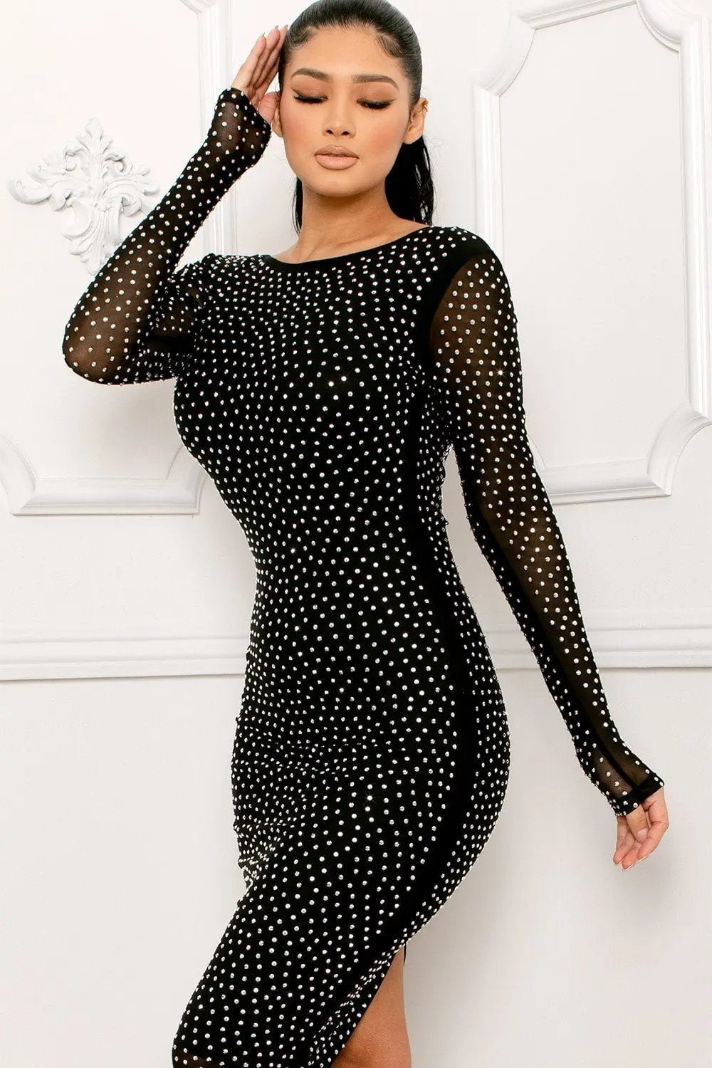 Rhinestone Midi Dress – Sheer Mesh Sleeve Open Back Party Wear BOUTINIE