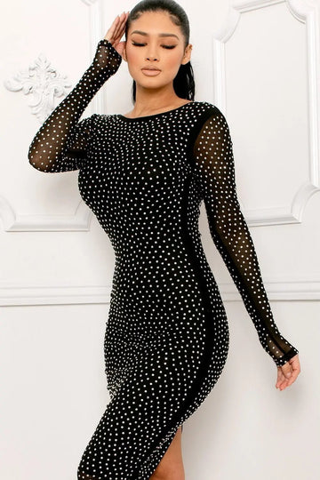 Rhinestone Midi Dress – Sheer Mesh Sleeve Open Back Party Wear BOUTINIE