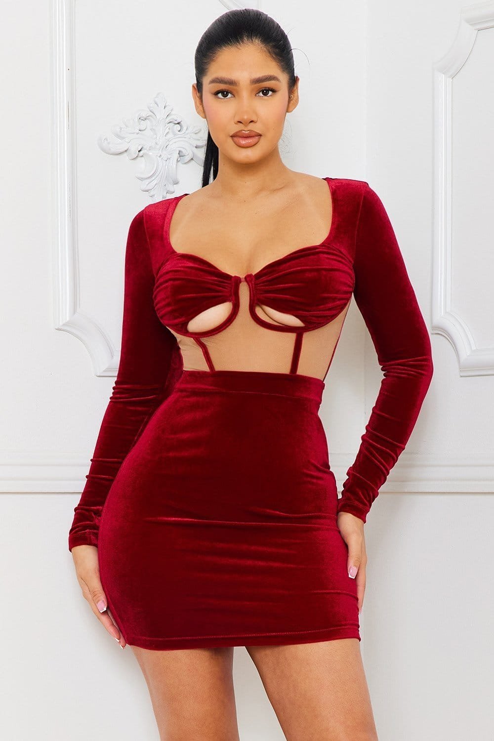 Velvet Mini Dress With Wire Bra, Ruched Square Neck Top BOUTINIE