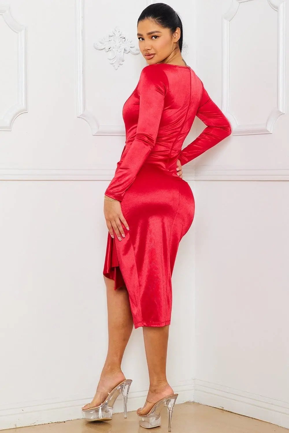 Satin Midi Dress – Ruched Square Neck Tulip Hem Evening Gown BOUTINIE