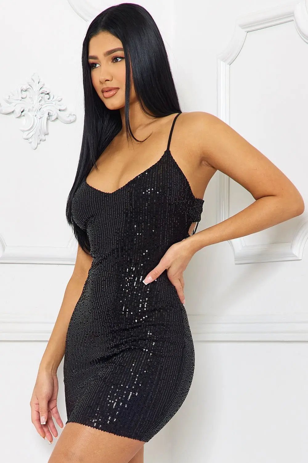Sequin Mini Dress - Criss Cross Back Spaghetti Strap Party Dress BOUTINIE