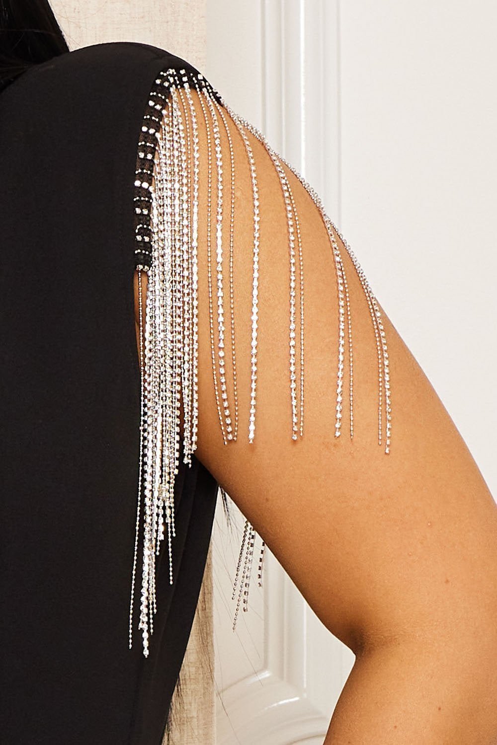 Chain Fringe Mini Dress with Zipper Back & Surplice Neckline BOUTINIE