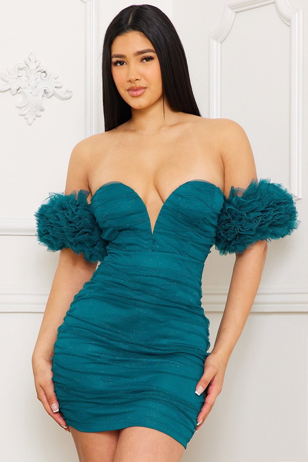 Glittered Mini Dress - Off Shoulder Ruffle Sleeve Party Zipper Back BOUTINIE