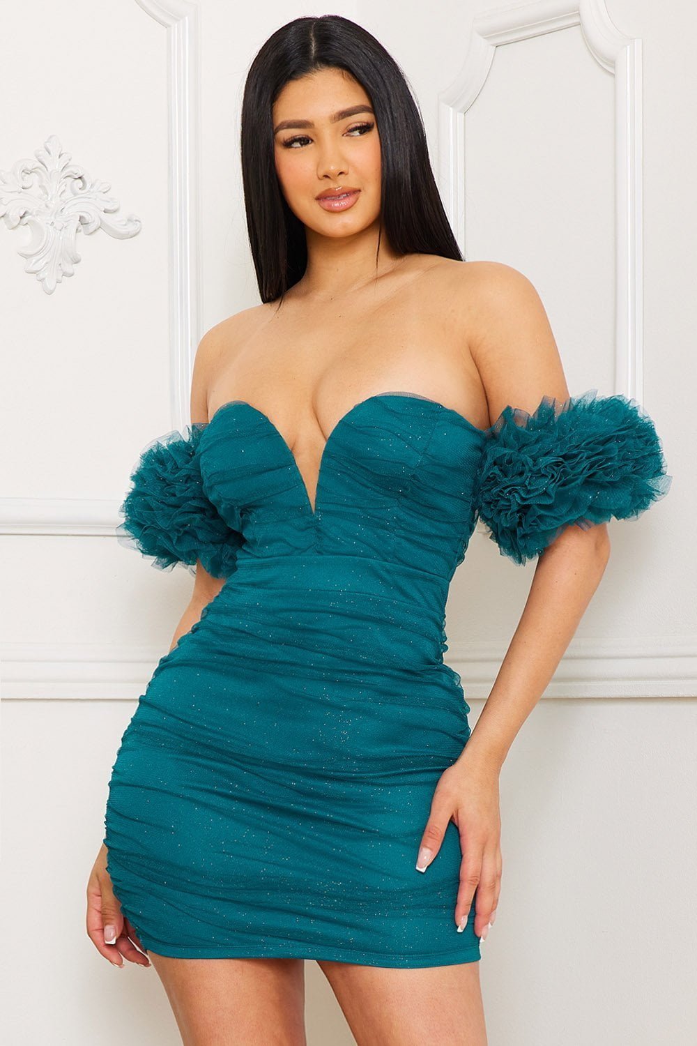 Glittered Mini Dress - Off Shoulder Ruffle Sleeve Party Zipper Back BOUTINIE