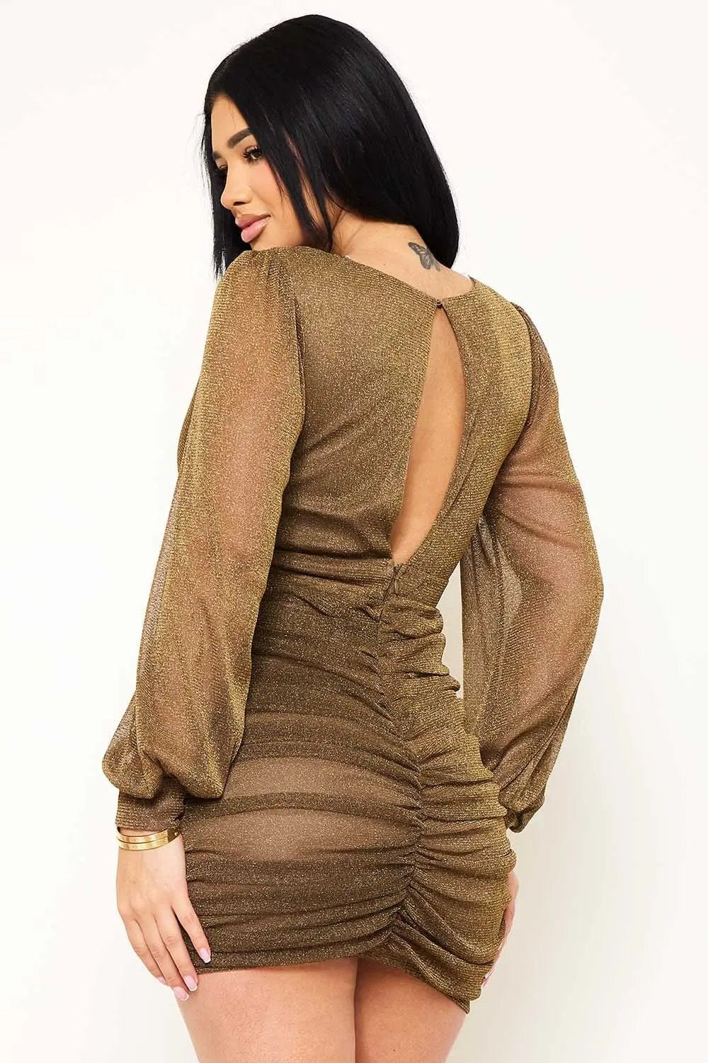Shimmer Mesh Mini Dress | Long Sleeve, Shoulder Pad Detail BOUTINIE